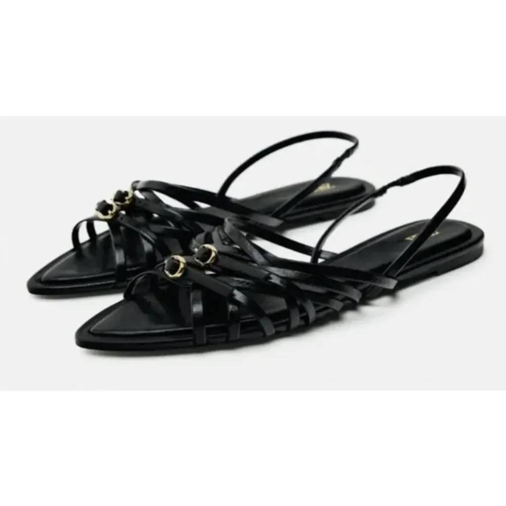 Zara Flat Strappy Sandals Black Size 39 - Picture 3 of 8